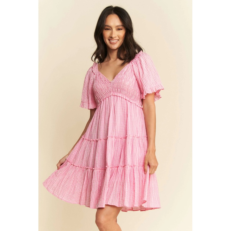 Jacquard Checker Smocking Tiered Dress