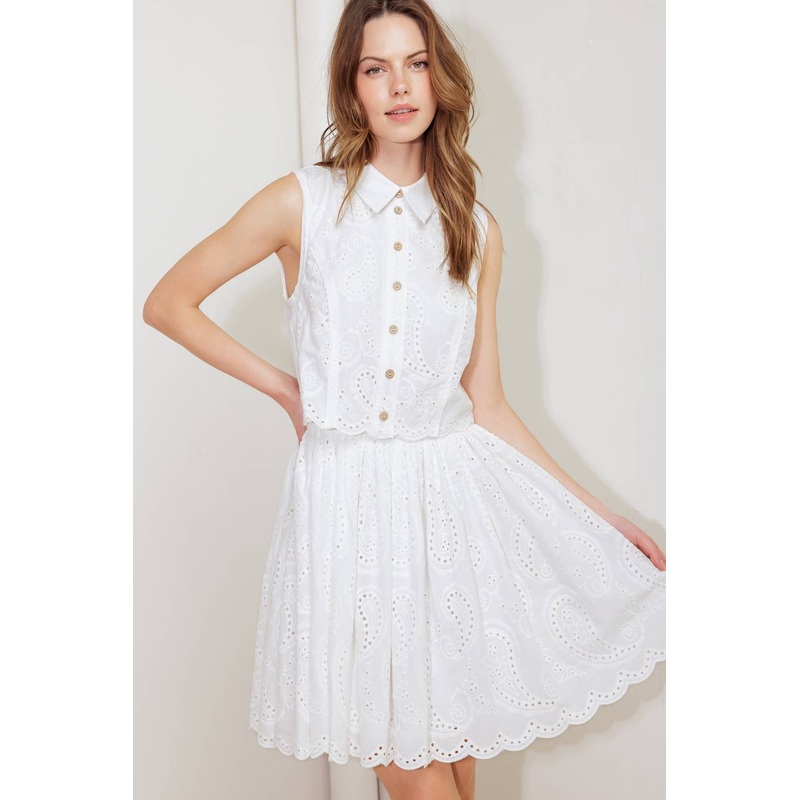 LEAF KISS WHITE WOVEN EYELET MINI DRESS