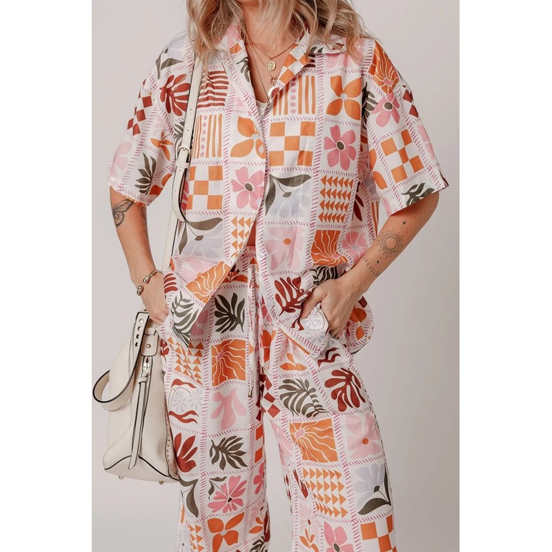 Printed Collared Neck Shirt and Wide Leg Pants Set