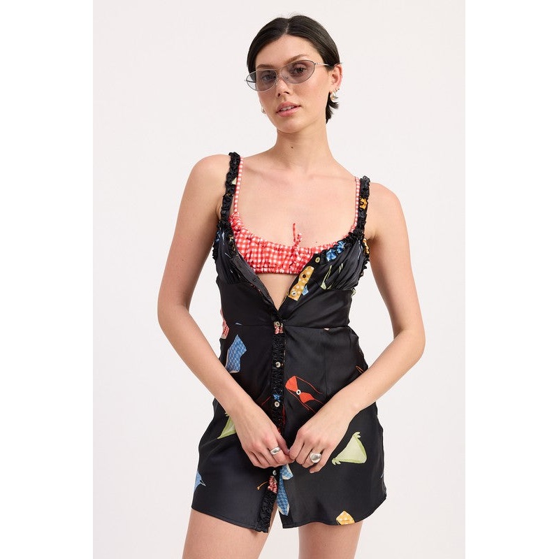 SATIN BUTTON UP BIAS CUT MINI DRESS