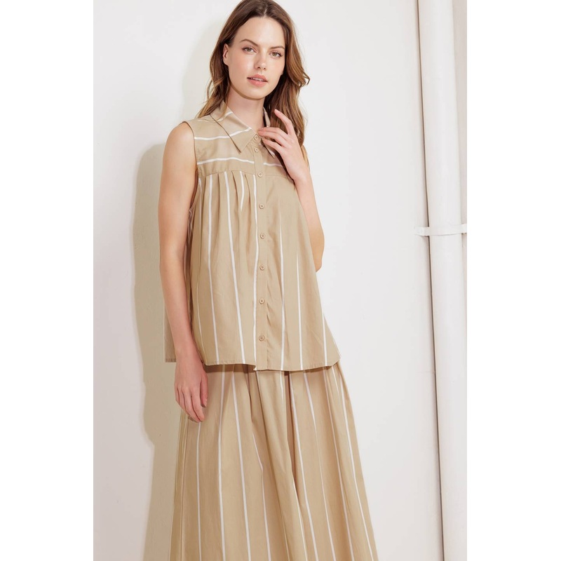 SOMEWHERE TO BE WOVEN TOP|TAUPE/WHITE|S|M|L