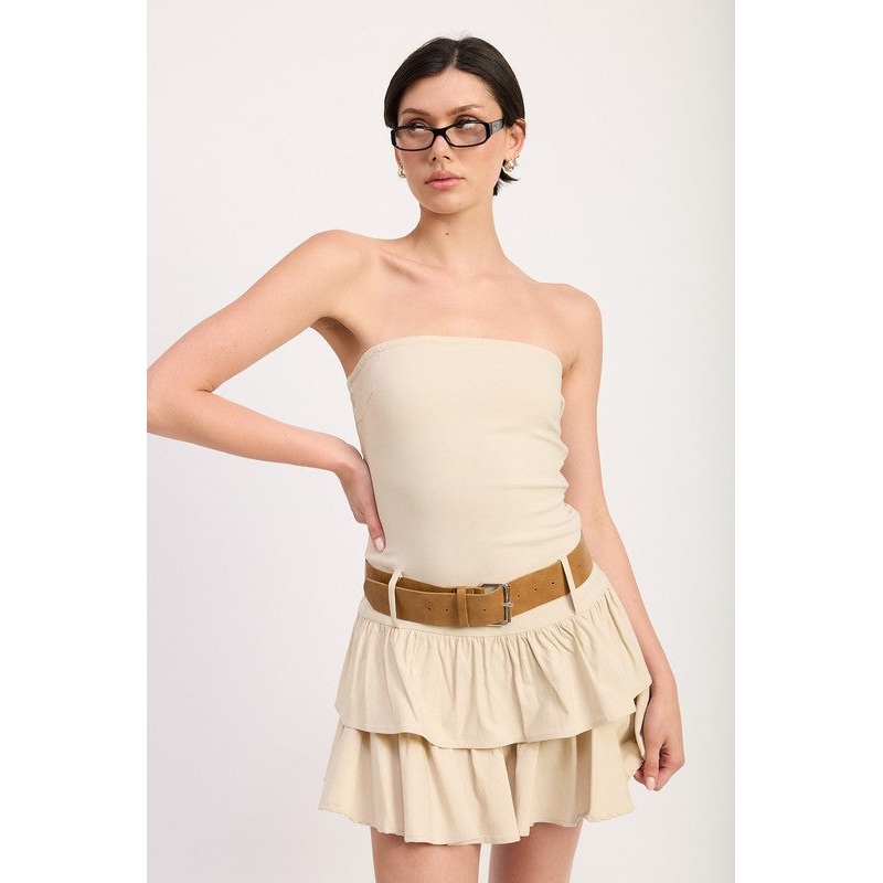 STRAPLESS TIERED MINI DRESS WITH BELT