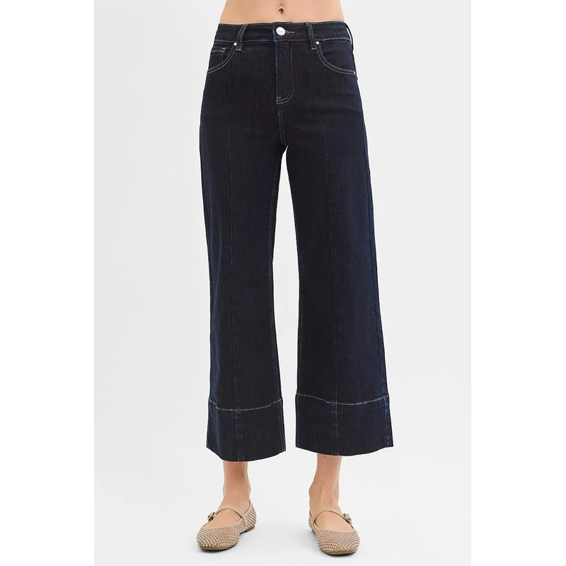 Tummy Control High Rise Crop Wide Seam Detailed Jeans