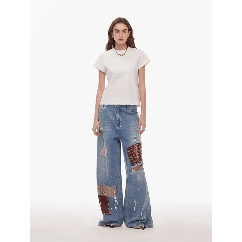 Uninhibited Splicing Washed Wide-Leg Jeans