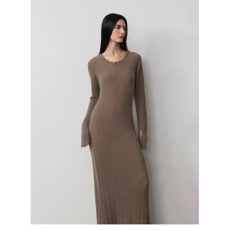 Wool Looped Yarn Raw Edge Ripped Dress