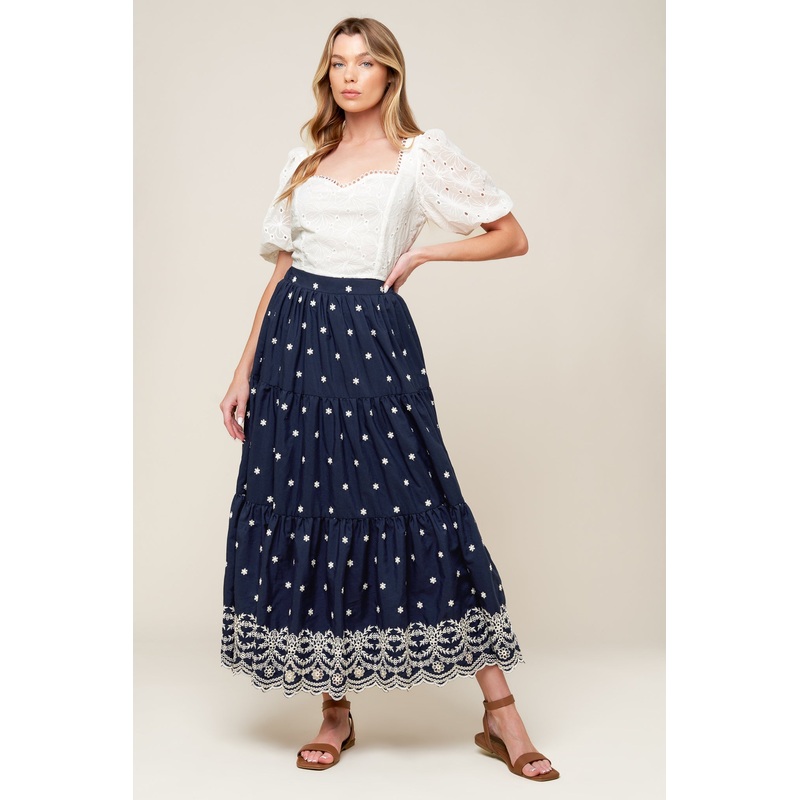 BEBE ALERT NAVY WOVEN MIDI SKIRT