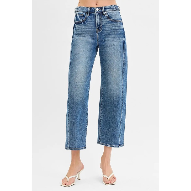 High Rise Crop Length Barrel Adjustable Waist Band Jeans