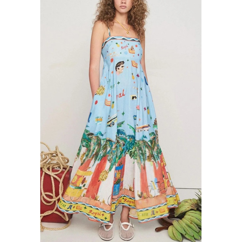 Printed Square Neck Maxi Cami Dress with Pockets