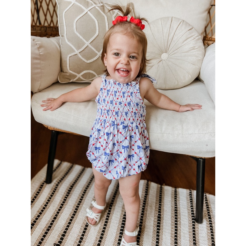 Smocked Red, White and Bows Bamboo Bubble Romper