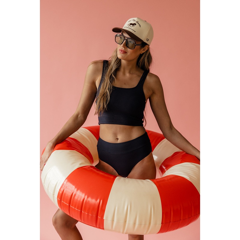 Black Flat Rib Mid Rise Bottom