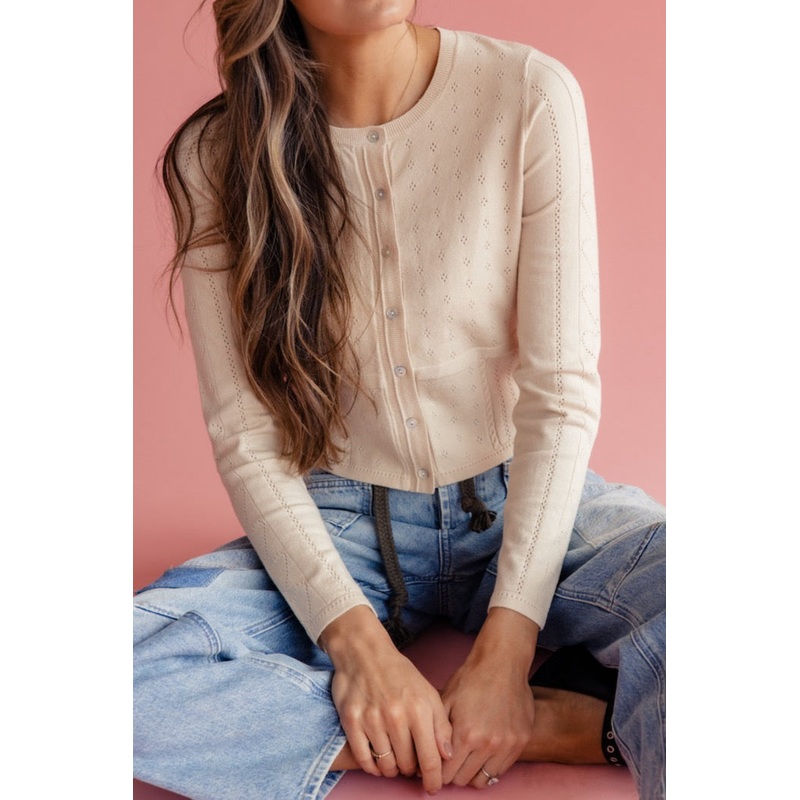 Lenora Pointelle Cardigan|Wheat|S|M|L|XL