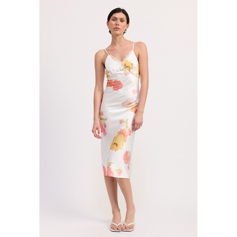 LACE TRIM MIDI SLIP DRESS|PEACH FLORAL PRINT|S|M|L