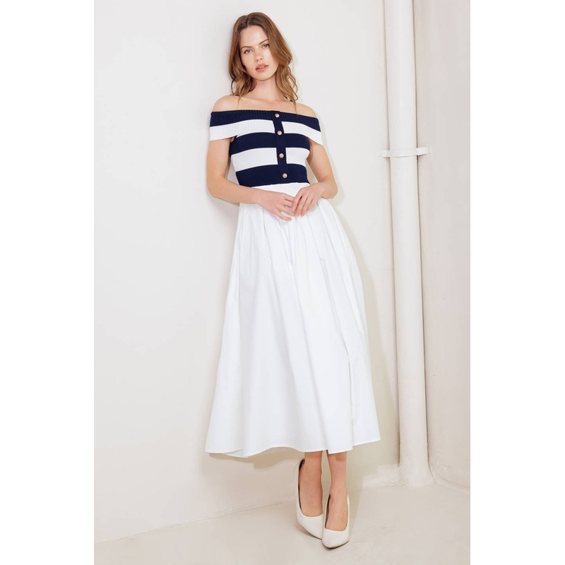 MODERN MUSE NAVY KNIT WOVEN MIDI DRESS