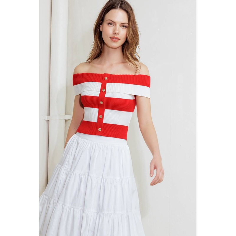 MODERN MUSE RED KNIT TOP|RED COMBO|S|M|L