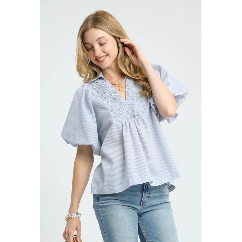 Smocked Puff Sleeve Blouse|Light Blue|S|M|L