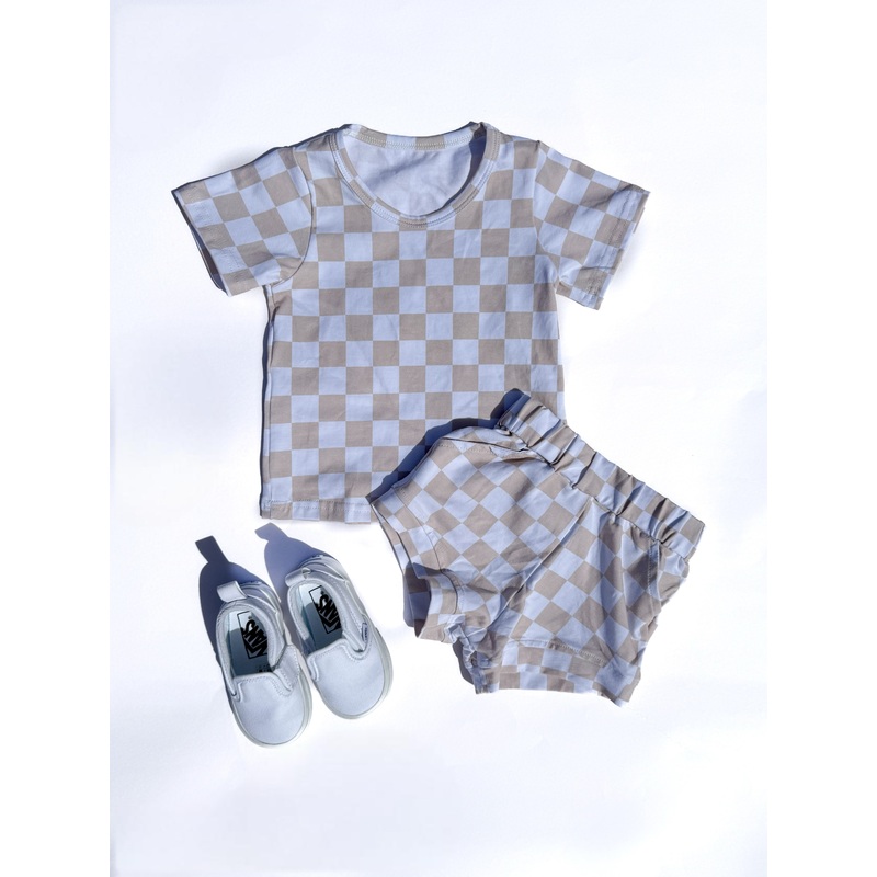 Tan Checkered Short Set|Newborn|0/3 months|3/6 months|6/12 months|12/18 months|18/24 months|2t|3t