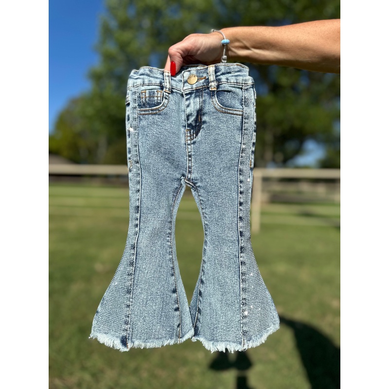 Bedazzled Denim Flares|Light wash|Medium wash|6 month|infant 12 month|18 month|2t|3t|4t|5|Girls 6|7|8|Girls 10|Girls 12|14|16