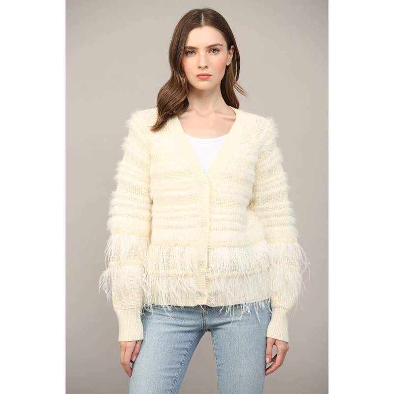 Feather Trim Wool Blend Cardigan