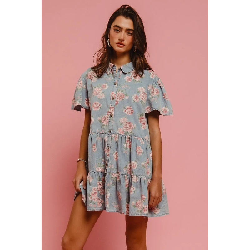 Floral Print Washed Lightweight Tiered Shirt Dress