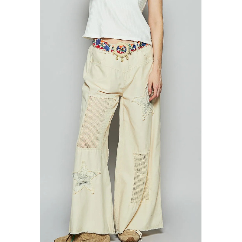 Raw Hem Star Patch Wide leg Pants