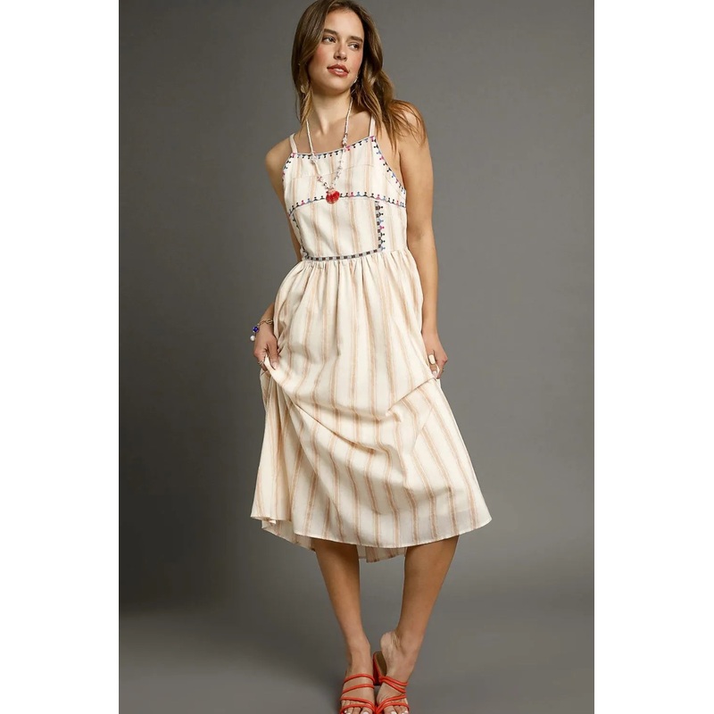 Striped Colorful Embroidered Trim Cami Dress