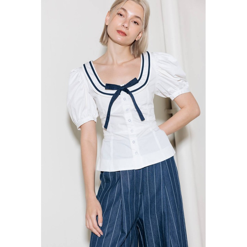 THE SWEETEST TOUCH WOVEN TOP|WHITE/NAVY|S|M|L