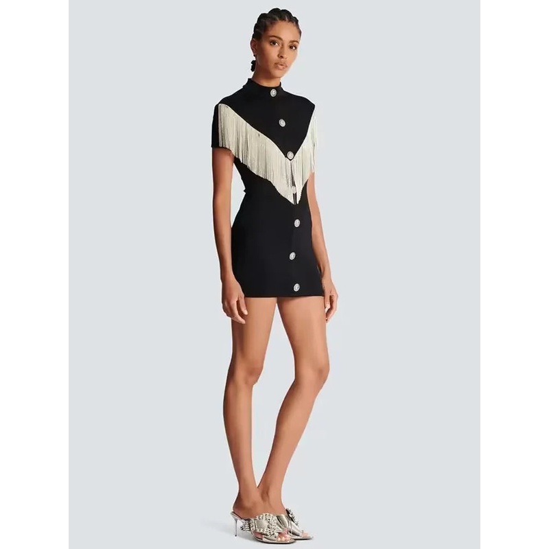 Black Mini Bodycon Dress With Button Tassel