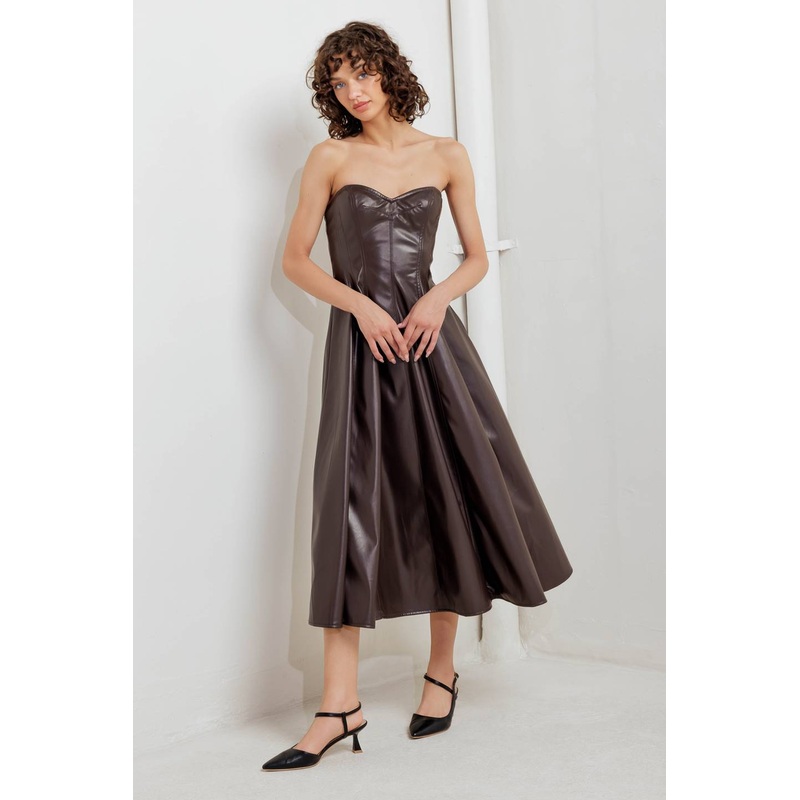 ESPRESSO DIVA FAUX LEATHER MIDI DRESS