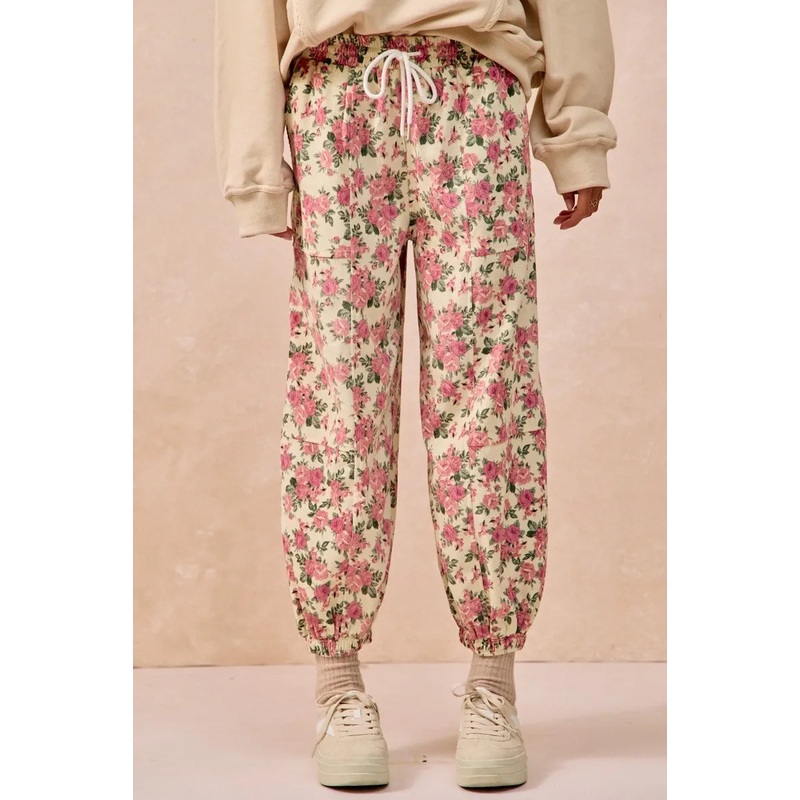 Floral Printed Twill Drawstring Pants With Elastic Band
