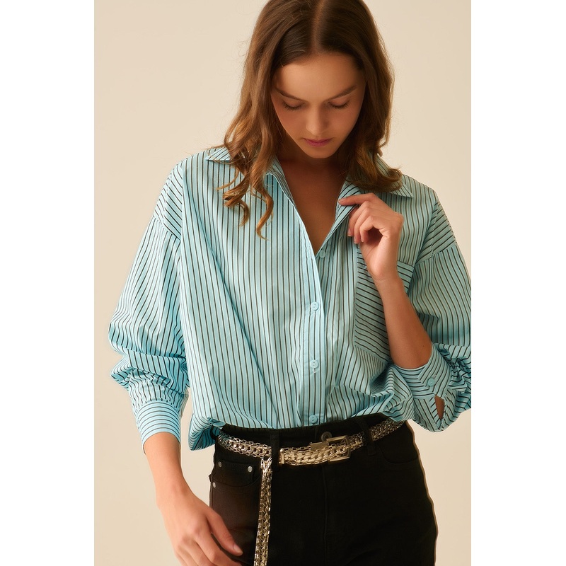 High-Low Oversized Striped Shirt With Chest Pocket in Black and Blue