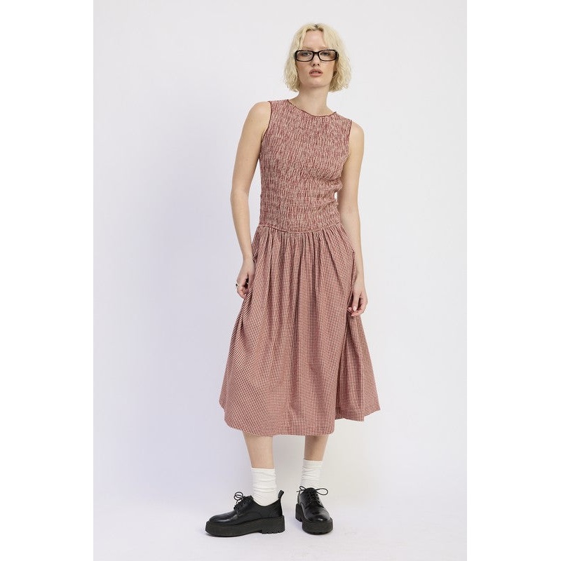 OPEN BACK GINGHAM MIDI DRESS WITH SMOCKING
