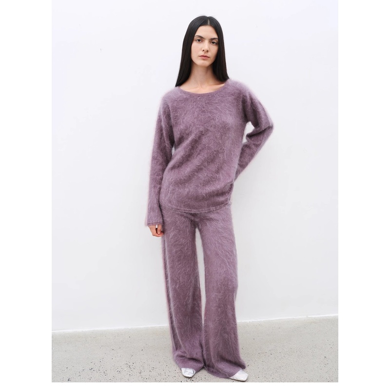 Purple Women’s Sweater 2 Piece Outfit Cashmere Jumper Comfortable Loose-Fit Crewneck Top Wide Leg Pants Fall Lounge Set