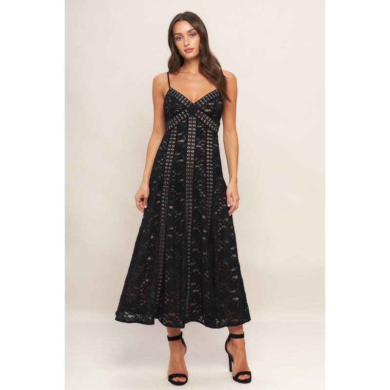 ROMANTIC NOIR NIGHTS WOVEN LACE MIDI DRESS