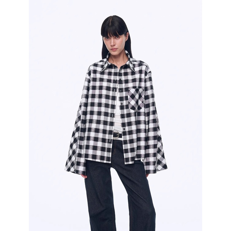 Style Diary Tencel Shirt|Black and white acetate grid|Black and white dense checkered pattern|S|M|L