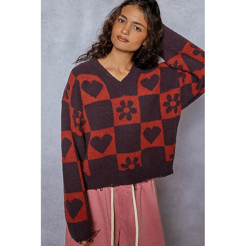 V-Neck Heart Pattern Checkered Sweater