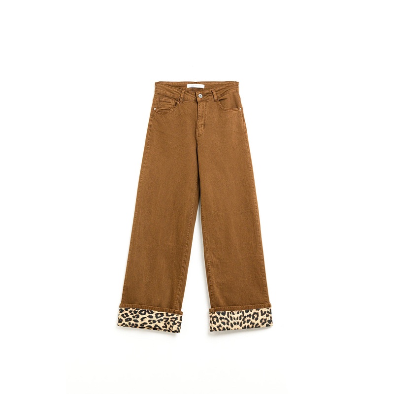 Wide Leg Camel Pants With Leopard Print at the Bottom