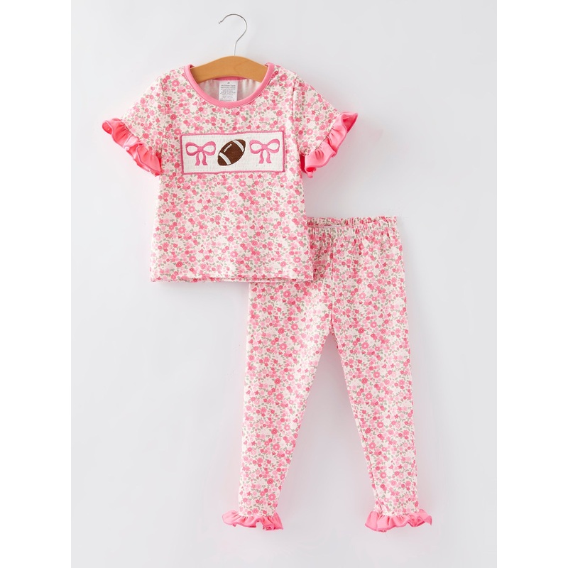 Football Smocking Bow Embroidered Girls Ruffle Pajamas