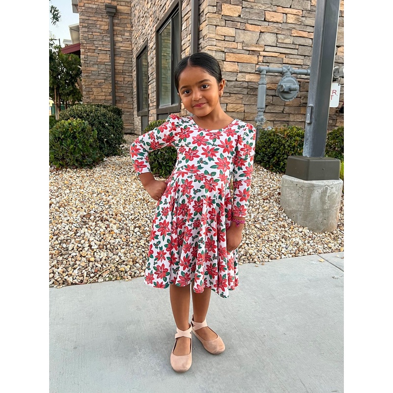 Poinsettias Puff Sleeve Twirl Dress