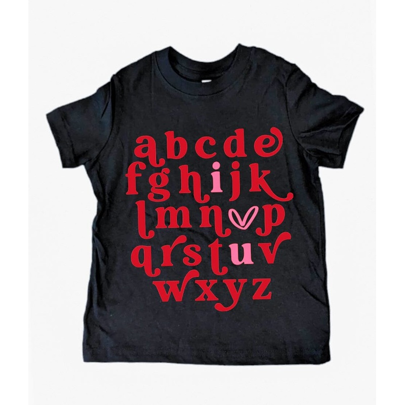 ABC I Love You Tee|6M|12M|18M|24M|2T|3T|4T|5/6|S Y|M Y|L Y|Adult Small|Adult Medium|Adult Large|Adult XL|Adult 2XL|Black