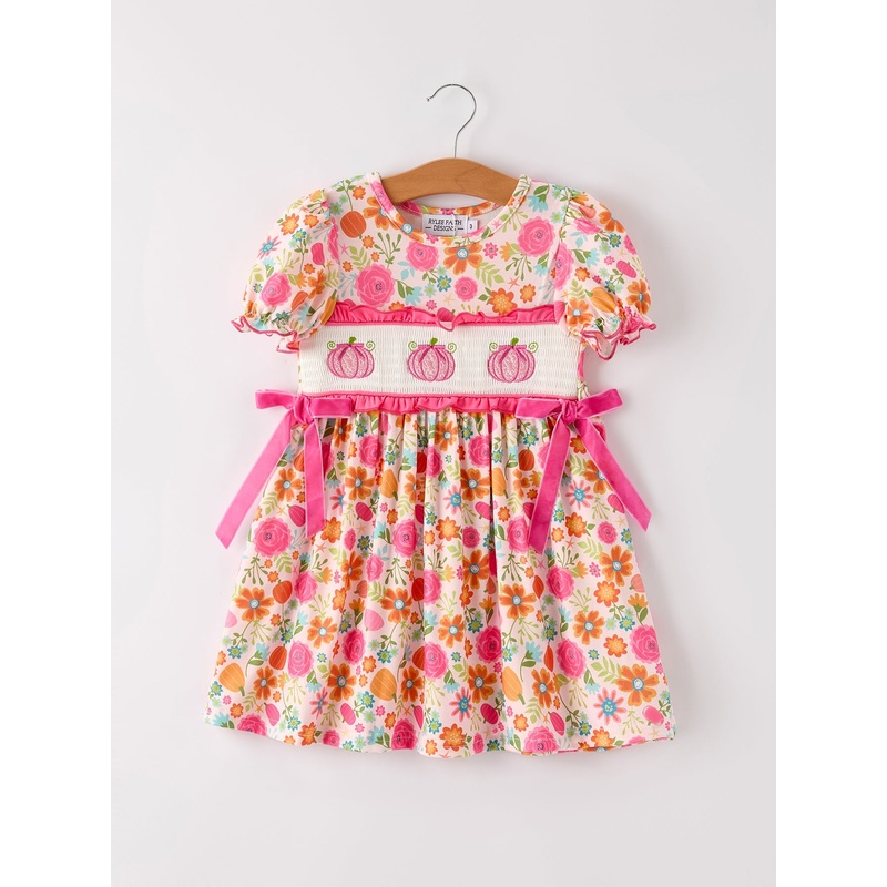 Autumn Halloween Thanksgiving Pumpkin Embroidery Smock Floral Girls Dress