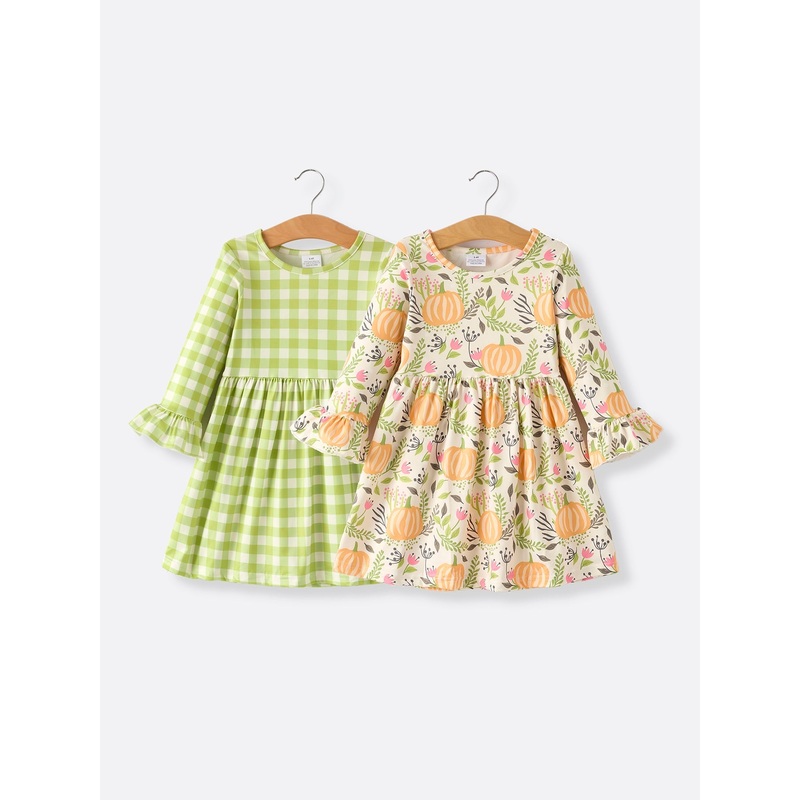 2 Piece Thanksgiving Pumpkin Plaid Print Girls Dress Set