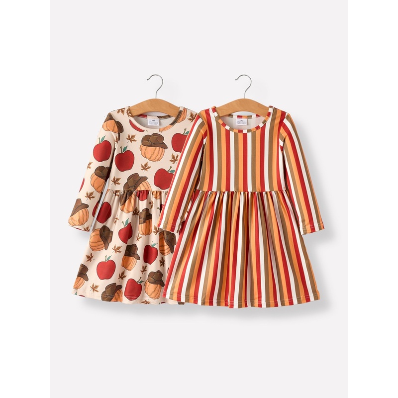 2 Piece Thanksgiving Pumpkin Stripe Print Girls Dress Set