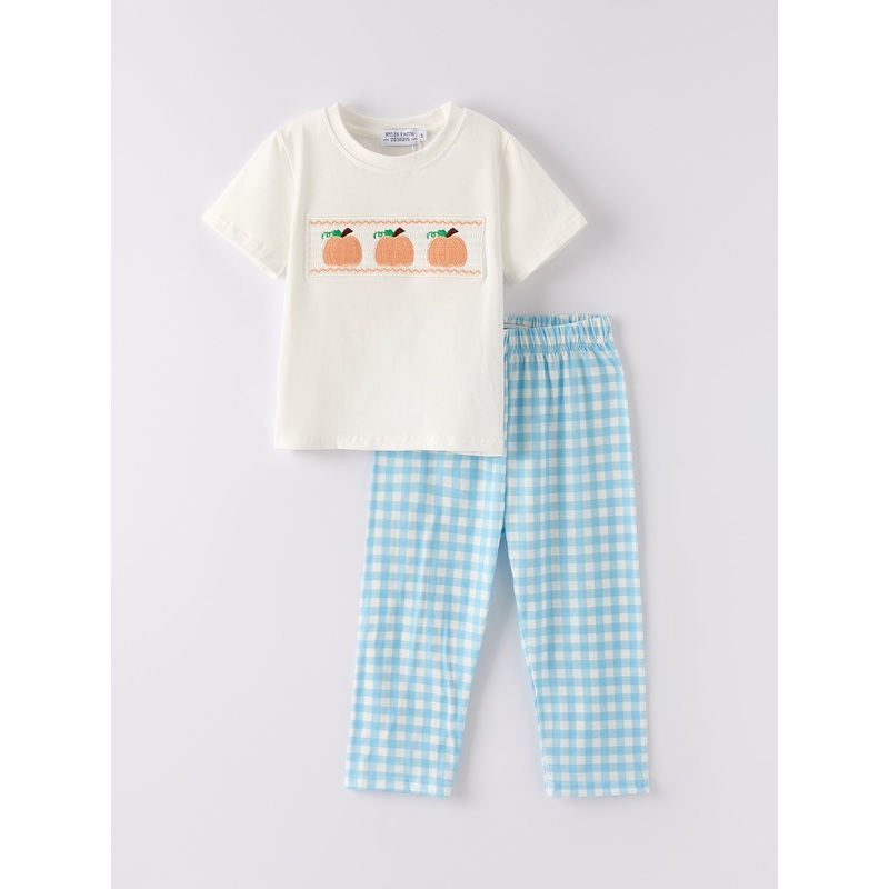 Boys Halloween Pumpkin Embroidery Smocking Blue Plaid Set