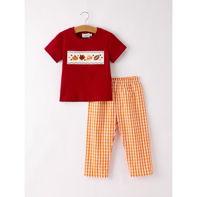 Fall Embroidered Boy Set  Orange Checkered with Halloween Details