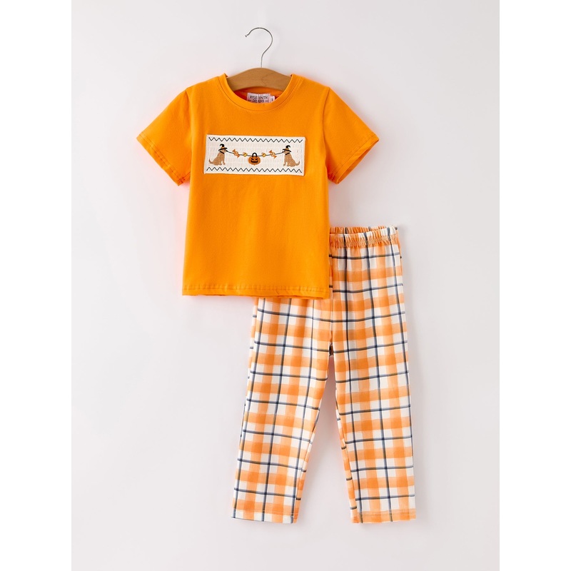 Fall Halloween Orange Embroidery Smocking Boys Set