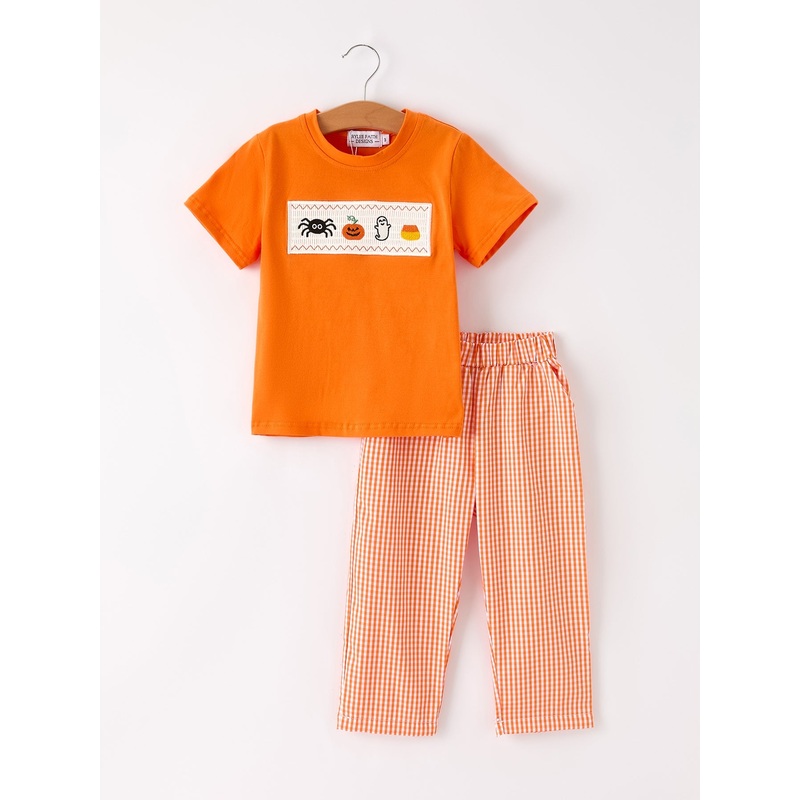 Fall Halloween Orange Pumpkin Ghost Spider Smock Embroidery Boy Set