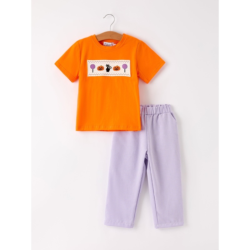 Fall Halloween Purple Balloon Pumpkin Cat Smock Embroidery Boy Set