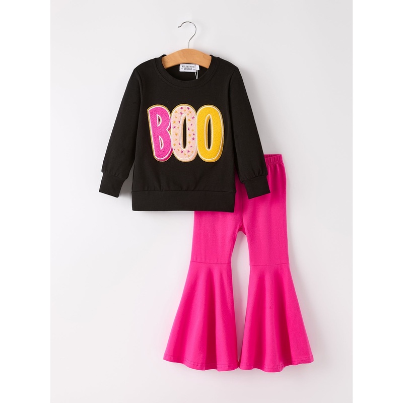 Fall Halloween & Thanksgiving BOO Chenille Patches Girls Long Sleeve Set