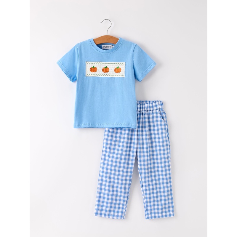 Fall Thanksgiving & Halloween Blue Pumpkin Smock Embroidery Baby Boy’Set