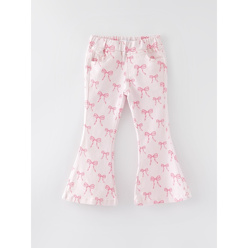 Girls Pink Bow Print Elastic Flared Jeans